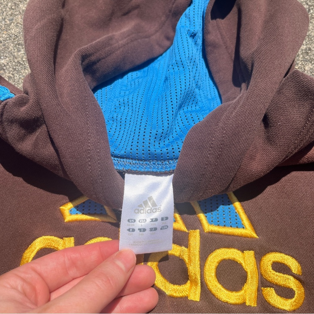 Y2K Brown and Blue Adidas Hoodie Size Large Used 2000s Mesh Hood - Picture 3 of 4